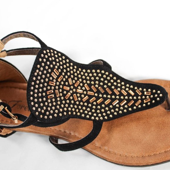 Classic Boho New Black Sandals Gold Detail Beading Size 9 - Picture 4 of 6